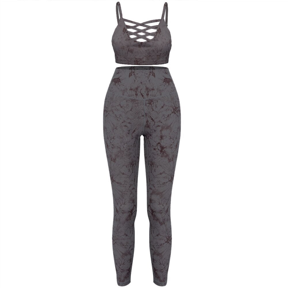 2-teiliges Damen Yoga-Set: Tie-Dye Leggings & Top mit Push-up-BH