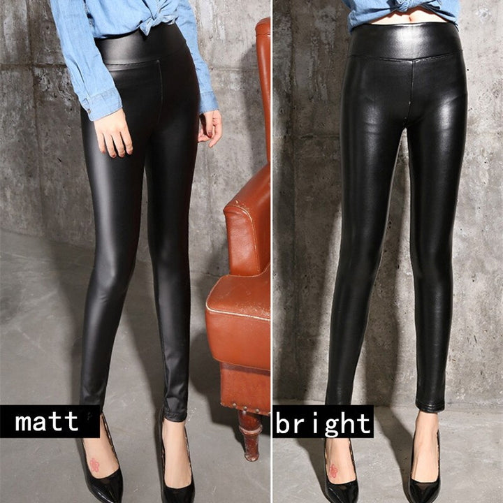 Winter leather pants gold fleeces high waist PU skinny leggings